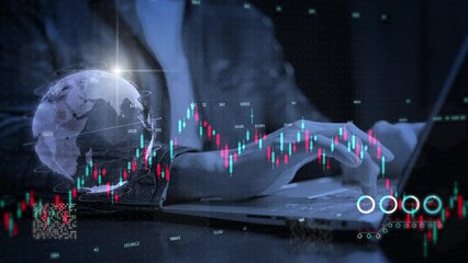 Global economic crisis GDP financial recession crypto currency stock markets downtrend graph chart price crash down business economic, businessman typing on laptop computer modern dark theme