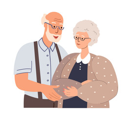 Senior love couple portrait. Old man and woman hug,support. Happy aged family, spouse. Elderly wife and husband in romantic relationships. Flat graphic vector illustration isolated on white background