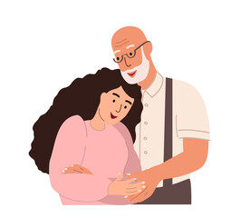 Old Retired Father hug and Support his adult daughter.Grandfather,girl child together.Loving grandpa,grandchild.Elderly man and daughter.Warm hugs.Flat vector illustration isolated on white background