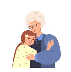 Grandmother and girl child hugging together.Love of grandma and grandchild.Elderly woman support grand daughter.Happy granny and kid,warm hugs.Flat vector illustration isolated on white background