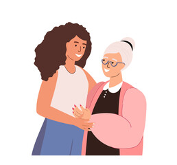 Happy adult daughter hugging old mother,feel love,suport to each other.Portrait of young woman hugging her grandma.Friendly family relationship.Cartoon vector flat illustration on white background.