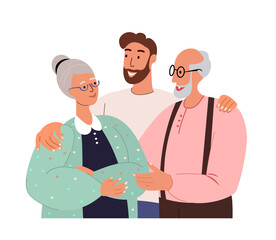 Portrait of happy family support and hug each other.Adult man embracing mature parents or grandparents isolated on white background. Parents with child feeling love. Vector illustration in flat style.