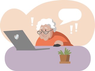 communication on the computer for the elderly. Computer education. Old couple studying modern digital world. Elderly people video calling or online communication vector illustration