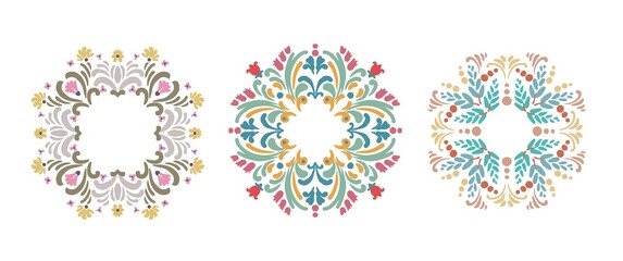 Set of Watercolor floral wreath ,folk embroidery isolated on white background