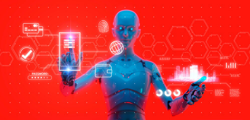 Cybersecurity cybercrime internet scam, crypto currency investment digital network technology computer virus attack risk protection, identity encryption privacy data hacking, abstract AI 3D robot