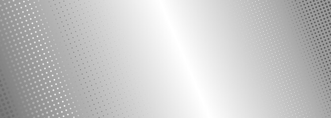 Fototapeta premium Abstract soft gray halftone texture on grey horizontal banner. Gray gradient halftone dots on silver wide background. Vector illustration