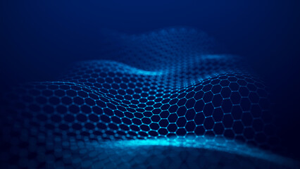 Futuristic blue wave of hexagonal grid on a blue background. The concept of big data. Network connection. Cybernetics and artificial intelligence. 3d rendering.