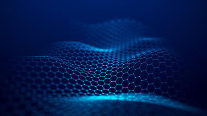 Futuristic blue wave of hexagonal grid on a blue background. The concept of big data. Network connection. Cybernetics and artificial intelligence. 3d rendering. © Valerii