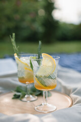 Summer drinks on picnic blanket in the garden. 