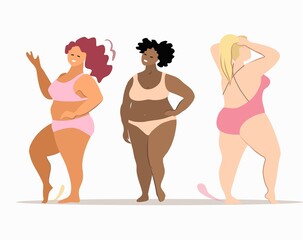 Multiracial women of different height, figure type and size dressed in swimsuits standing in row. Female cartoon characters. Body positive movement and beauty diversity. Vector illustration.