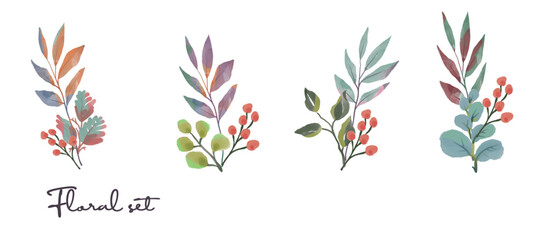 Set of handpainted watercolor vector flowers and leaves. vector design.