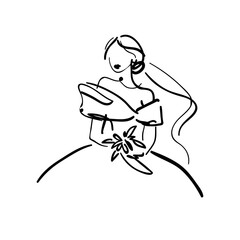 Bride. Vector black and white sketch illustration of a lady in a vale, wedding dress, with a bouquet. Young beautiful woman, girl portrait. Continuous line art, hand drawn. Logo idea. Wedding