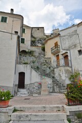 The facade of old houses in Pietracupa, a mountain village in the Molise region in Italy.