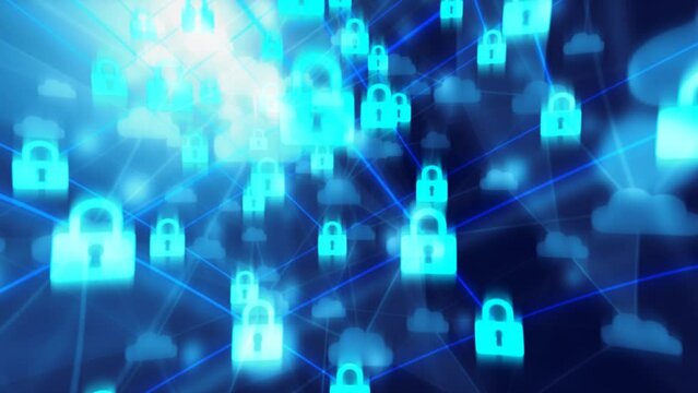 Deep web protection concept animation, network security system, clouds and padlocks chain communication, data confidentiality