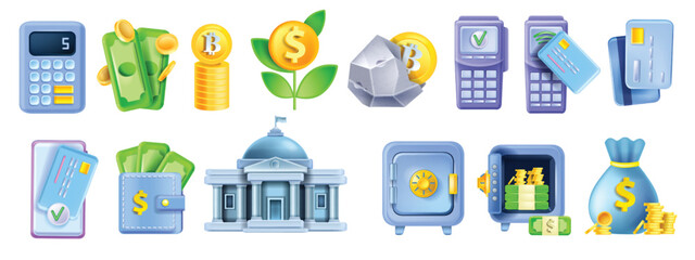 3D money bank icon set, credit card, locked safe, building, terminal, vector finance business kit. Online payment cashback wallet economy illustration. Bank icon collection, briefcase, calculator.