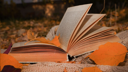 Moody autumn background with book,  yellow falling leaves and knitted plaid.