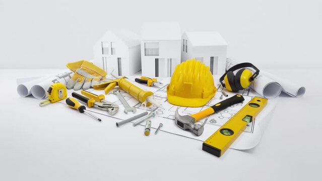 House construction plan concept. Tools for building work. Architectural model houses, yellow hard hat, meter and spirit level above blueprint with hammer, silicone gun, wrenches, headphones and gloves