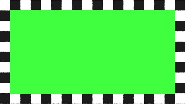 Black and White Checkers Green Screen Frame Edges Animation. Chroma Key Checkered Animated Borders Video, Seamless Loop. Checkerboard Background Moving Vertically