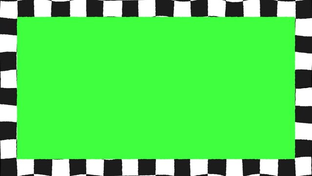 Wavy Black and White Checkers Green Screen Animated Borders. Checkered Chroma Key Video Frame Edges Animation, Seamless Loop. Distorted Checkerboard Moving Vertically.