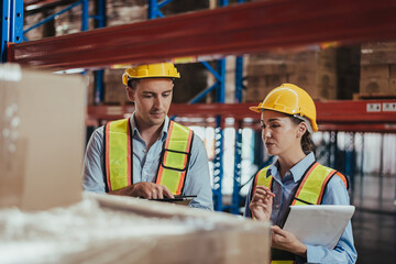 Warehouse Workers Checking Stock with digital Tablet in Logistic center. Caucasian worker wearing hard hat and safety vests to talking about shipment in storehouse, Working in Distribution Center.
