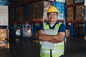 Warehouse Worker Standing and Smiling with arms crossed in Logistic center. Asian Senior worker wearing hard hat and safety vests working about shipment in storehouse, Working in Distribution Center.