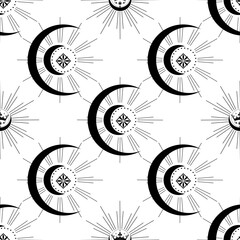 Seamless pattern with sun, stars, moon, constellation, eye. Mystical and esoteric pattern.