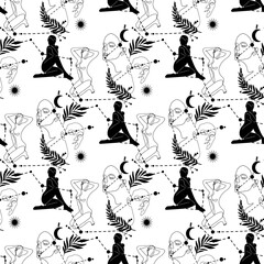 Seamless pattern with a silhouette of a girl. Pattern with girl, stars, sun, constellation. Mystical.