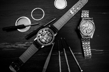 Watchmaker's workshop. Mechanical watch repair. Fix jewelry