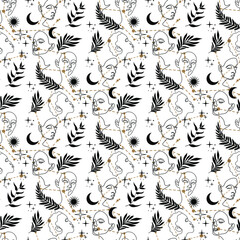 Fototapeta na wymiar Seamless pattern with abstract face of a girl. Pattern with face, stars, moon, constellation, herbs.