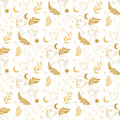 Obraz premium Seamless pattern with abstract face of a girl. Pattern with face, stars, moon, constellation, herbs.