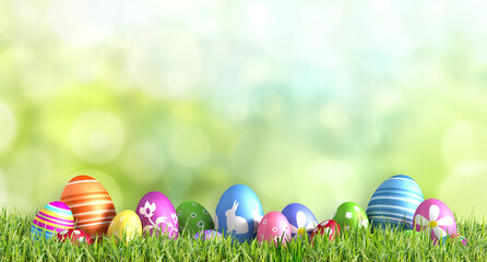 Row of painted colored Easter eggs with spring background - 3D illustration