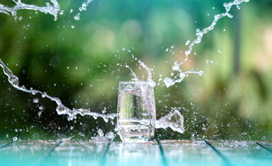 Drink water pouring in to glass over sunlight and natural green background.Water splash in glass...