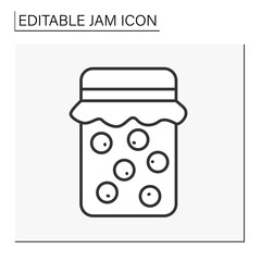  Dessert line icon.Conserved sweet berries in sugar syrup.Cooked dessert in jar.. Organic dessert. Jam concept. Isolated vector illustration. Editable stroke