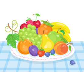 A large plate of colorful fruits on a blue checkered tablecloth. Isolated on white background. In cartoon style. Vector flat illustration.