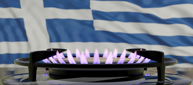 Natural Gas in Greece concept. Burning gas, Cook stove burner, Greek flag background. 3d render