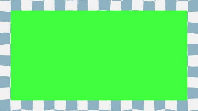 Wavy Blue Checkers Green Screen Animated Borders. Chroma Key Video Frame Edges Animation, Seamless Loop. Distorted Cyan Checkerboard Moving Vertically.