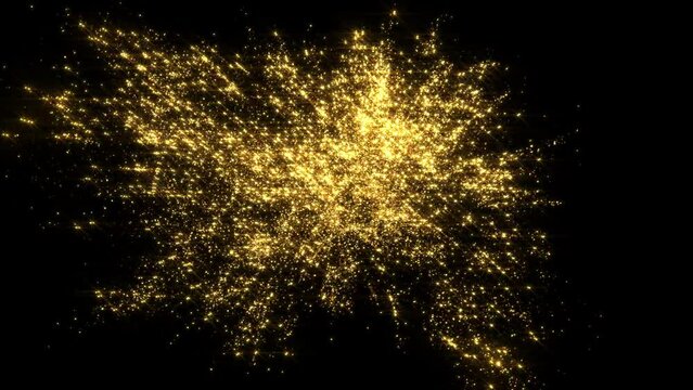 Abstract Golden glitter explosion in slow motion Bokeh background with shining defocus blurred sparkles dust macro close up isolated on black with alpha channel