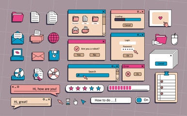 A set of user interface elements, UI and UX themes. In the vaporwave style of the 80-90s, retro collage. Vector illustration of windows and icons .