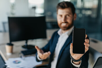 Mobile offer. Businessman showing blank smartphone while sitting at desk in office interior, selective focus, mockup