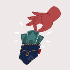Vector illuatration of Pick pocketing. hand stealing money from victim's pocket, financial crime
