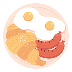 Tasty breakfast. Fried eggs with sausages and croissant isolated on a white background.