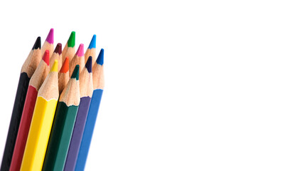 Set of colored pencils white background.
