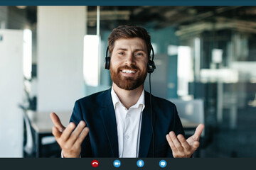 Screen view of confident businessman making video call, having virtual online meeting, talking to pc camera