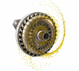 Car torque converter with oil transmission. Torque converter with oil. Oils for transmission gearbox. Turbine of an automatic transmission.