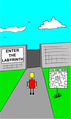 cartoon of a man entering a labyrinth - 518922201
