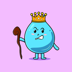 Cute cartoon water drop mascot as wise king with golden crown and wooden stick