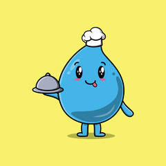 Cute Cartoon chef water drop mascot character serving food on tray cute style design