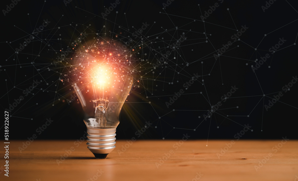 Poster orange light glowing inside of lightbulb with connection line for creative thinking idea and problem