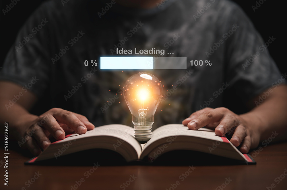 Poster glowing lightbulb on open book with virtual loading idea bar for creative thinking of problem solvin