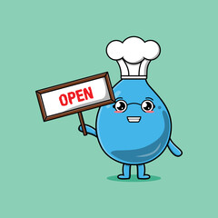 Cute cartoon water drop character holding open sign board designs in concept flat cartoon style